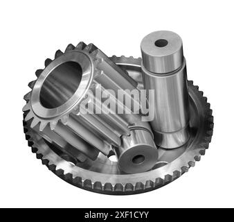 A gear is shown with a silver and black color. The gear is surrounded by other gears and is placed on a white background Stock Photo