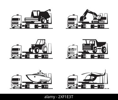 Trucks carrying heavy machinery – vector illustration Stock Vector