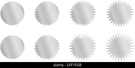 Round silver stickers with wavy and zigzag borders. Shining metallic labels, badges, price tags, coupons, stamps curvy shapes isolated on white background. Vector illustration. Stock Vector