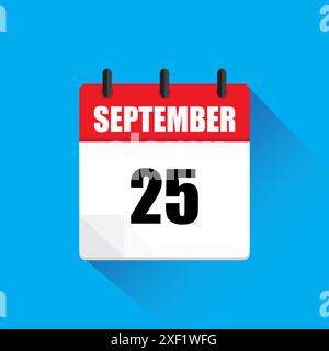 Calendar icon illustration. September twenty five. Red and white design. Blue background shadow. Stock Vector