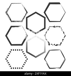 Hexagon frame set. Black vector collection. Geometric border designs. Simple abstract shapes. Stock Vector