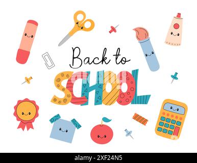 Back to School composition. Vector illustration. Cute office supplies set. Funny stationery hand drawn elements for elementary school Stock Vector