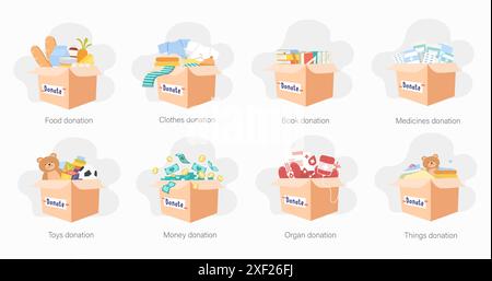 Vector Illustration of Various Donation Boxes Including Food, Clothes, Books, Medicines, Toys, Money, Organ, and Miscellaneous Items Stock Vector