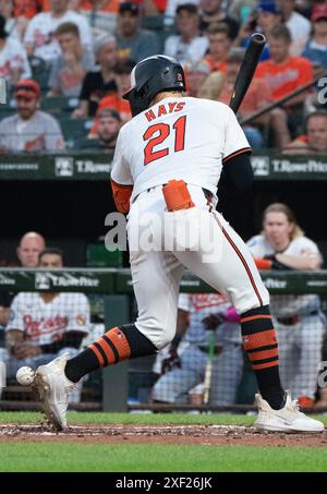 Baltimore, USA. 30th June, 2024. BALTIMORE, MD - JUNE 30: Baltimore Orioles outfielder Austin Hays (21) hit by a pitch during a MLB game between the Baltimore Orioles and the Texas Rangers, on June 30, 2024, at Orioles Park at Camden Yards, in Baltimore, Maryland. (Photo by Tony Quinn/SipaUSA) Credit: Sipa USA/Alamy Live News Stock Photo