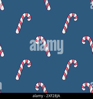 Candy cane seamless pattern. Caramel stick, lollipop illustration in doodle style. Hand drawn candy cane on blue background. Christmas texture, textile design Stock Vector
