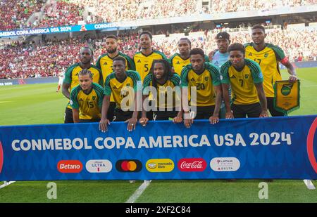 Austin, United States. 30th June, 2024. Starting Jamaica soccer players pose for a team photo prior to first half action in the Group B final stage match of the CONMEBOL Copa America 2024 at Austin's Q2 Stadium. Venezuela advanced out of the group stage with a 3-0 victory over Jamaica Credit: Bob Daemmrich/Alamy Live News Stock Photo