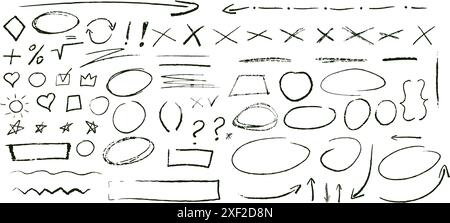 Black underline pencil hand drawn various ellipses, punctuation marks, direction pointers, arrows, stars, question mark and exclamation point. Vector Stock Vector