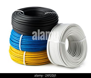 Three Spools of Electrical Wire on White Background Stock Photo