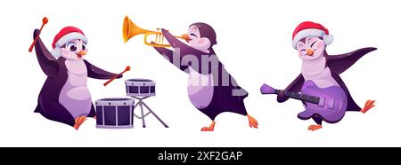 Cute penguin character in Santa Claus hat with music instruments for animal holiday band concept. Christmas or winter orchestra collection - happy funny northern birds playing guitar, drum and trumpet Stock Vector