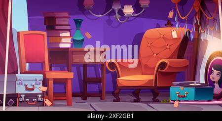 Antique shop interior. Vector cartoon illustration of small room with old elegant armchair, books on wooden table, vintage vinyl record player, portrait in frame, retro mirror and lamps, suitcase Stock Vector