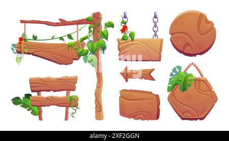 Set of wooden signboards decorated with tropical plants isolated on white background. Vector cartoon illustration of round, rectangular, hexagonal plaques, arrow sign with green vines and flowers Stock Vector