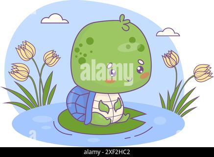 Cuteness turtle sitting on leaf on lake with flowers. Funny little cartoon kawaii character animal. Vector illustration. Kids collection Stock Vector