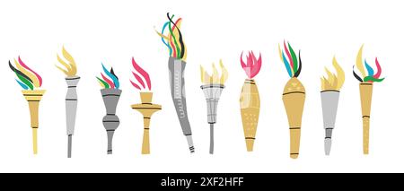 Sport torch with colorful wavy stripes set. Burning torch collection. Can used for poster, invitation. Flat vector illustration with sport symbol. Stock Vector