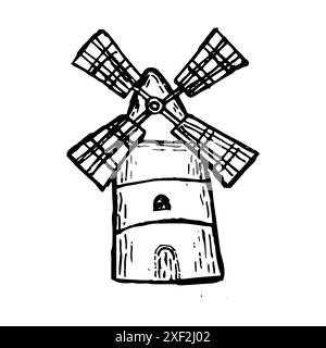 Windmill hand drawn sketch. Isolated on white background. Mill in rural vintage style. Engraving element. Stock Vector