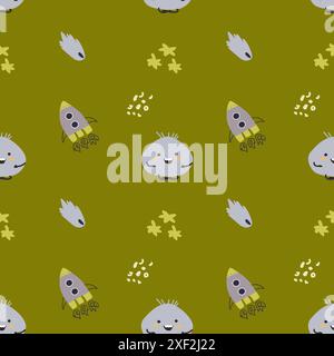 Childrens cute pattern with monsters or aliens in space. Galaxy elements and rockets, planets background. Cute characters and cosmic objects for print Stock Vector