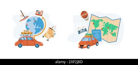 Trip planning world tour concept illustrations set. Travel stickers backgrounds collection. Summer vacation Travel planing destinations choose. Stock Vector