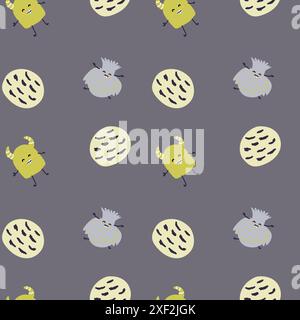 Childrens cute pattern with monsters or aliens in space. Galaxy elements and rockets, planets background. Cute characters and cosmic objects for print Stock Vector