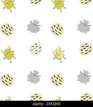 Childrens cute pattern with monsters or aliens in space. Galaxy elements and rockets, planets background. Cute characters and cosmic objects for print Stock Vector
