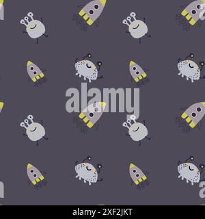 Childrens cute pattern with monsters or aliens in space. Galaxy elements and rockets, planets background. Cute characters and cosmic objects for print Stock Vector