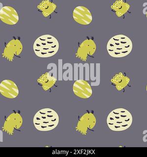 Childrens cute pattern with monsters or aliens in space. Galaxy elements and rockets, planets background. Cute characters and cosmic objects for print Stock Vector