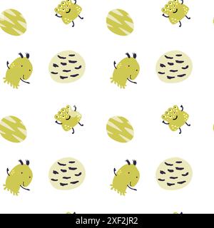 Childrens cute pattern with monsters or aliens in space. Galaxy elements and rockets, planets background. Cute characters and cosmic objects for print Stock Vector