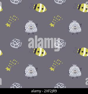 Childrens cute pattern with monsters or aliens in space. Galaxy elements and rockets, planets background. Cute characters and cosmic objects for print Stock Vector