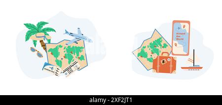 Trip planning world tour concepts set. Travel tourism illustrations for banner. Summer vacation Travel destinations choose. Stock Vector