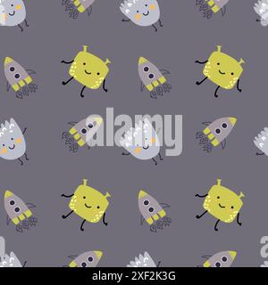 Childrens cute pattern with monsters or aliens in space. Galaxy elements and rockets, planets background. Cute characters and cosmic objects for print Stock Vector
