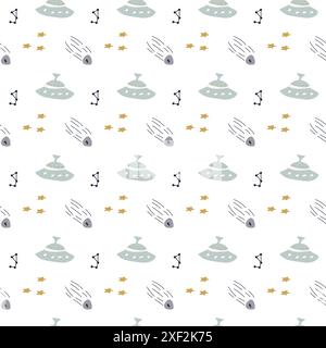 Childrens adventure pattern with cute galaxy elements. Space animal characters endless background in scandinavian style. Hand drawn childish design fo Stock Vector