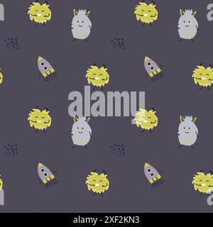 Childrens cute pattern with monsters or aliens in space. Galaxy elements and rockets, planets background. Cute characters and cosmic objects for print Stock Vector