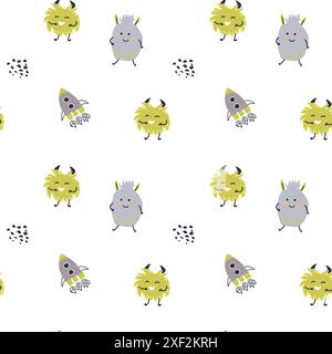 Childrens cute pattern with monsters or aliens in space. Galaxy elements and rockets, planets background. Cute characters and cosmic objects for print Stock Vector