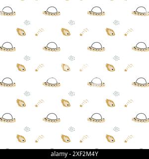 Childrens adventure pattern with cute galaxy elements. Space animal characters endless background in scandinavian style. Hand drawn childish design fo Stock Vector