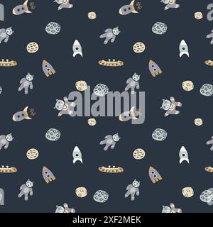 Childrens adventure pattern with cute galaxy elements. Space animal characters endless background in scandinavian style. Hand drawn childish design fo Stock Vector