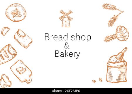 Breads shop banner in retro style. Engraved elements background for bakery. Tasty baked food sketched. Breads sketch banner. Stock Vector