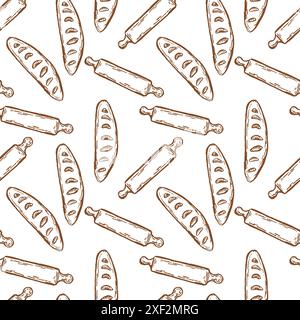 Bakery bread pattern in retro style. Vintage breads shop endless background. Can user for wrapping, labels. Bakery outline pattern. Stock Vector
