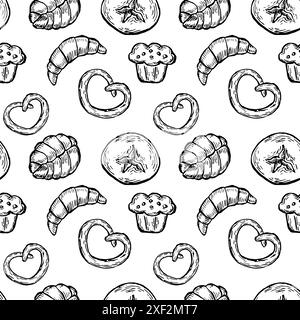Bakery bread pattern in retro style. Vintage breads shop endless background. Can user for wrapping, labels. Bakery outline pattern. Stock Vector