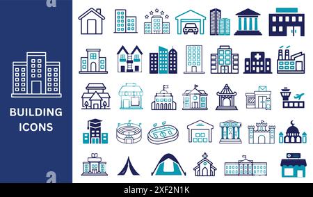 Building Icon Set. House, office, bank, school, hotel, shop, university, tent, airport, and hospital. Vector illustration. Stock Vector