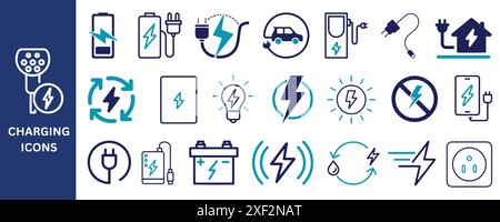 Charging Icon Set. Battery, energy,  electric car, charger, electricity, recharge, icons. Vector illustration. Stock Vector