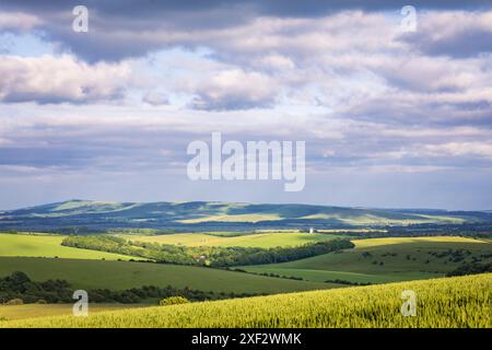 Magnificent views from Balmer Down between Lewes and Falmer on the south downs in east Sussex south east England Stock Photo