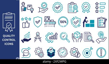 Quality Control Icon Set. Quality, inspection, evaluation, satisfaction, production, testing icons. Vector illustration. Stock Vector