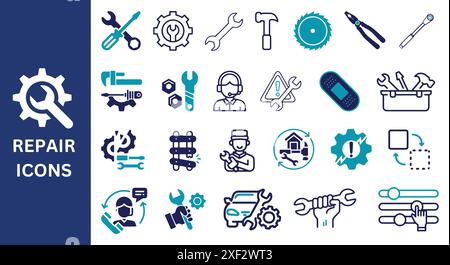 Repair icon collection. Repair, assistance, maintenance, troubleshooting, toolbox, broken, icons. Vector illustration. Stock Vector