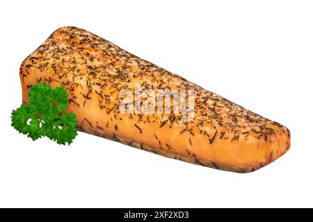 Smoked Salmon and dill seed with parsley isolated on white background Stock Photo