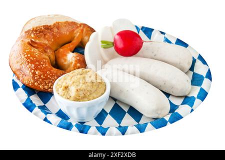 Bavarian sausages mustard pretzel radish isolated on white background Stock Photo