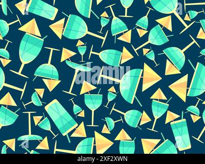 Glass with umbrella and straw seamless pattern. Multi-colored cocktail in a glass. Tropical striped cocktail in a glass with an umbrella and a straw. Stock Vector
