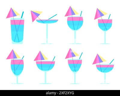 Glass with umbrella and straw icon set isolated on white background. Collection of colorful cocktails in a glass. Tropical striped cocktail in a glass Stock Vector