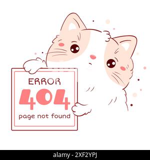404 error Page not found. Sad kawaii cat with Error message. Cute little kitty apologize.  System maintenance, updates, uploading, operation, computin Stock Photo