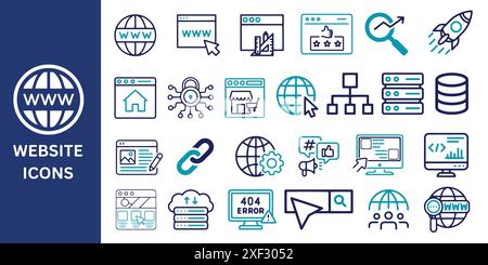 Website Icon Set. Website, web design, SEO, internet, security, content, e-commerce,  homepage, hosting, server, icon. Vector illustration. Stock Vector