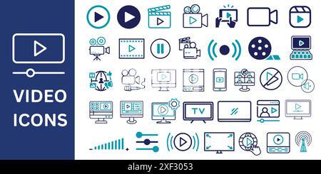 Video Icon Set. Video, online video, camera, play, pause, media, live, production, player, movie, and broadcast icons, Vector illustration. Stock Vector