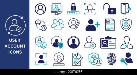User Account Icon Set. User, account, security, profile, password, login, logout, username, avatar, connect, add friend, icon, Vector illustration. Stock Vector