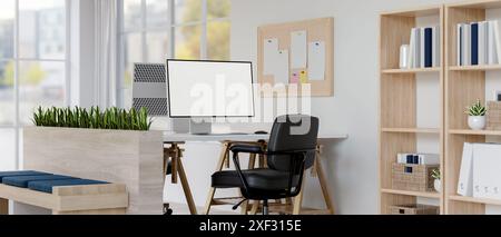 The interior design of a modern, minimalist office features computer desks, shelves, office chairs, and decor. place of work concept. 3d render, 3d il Stock Photo